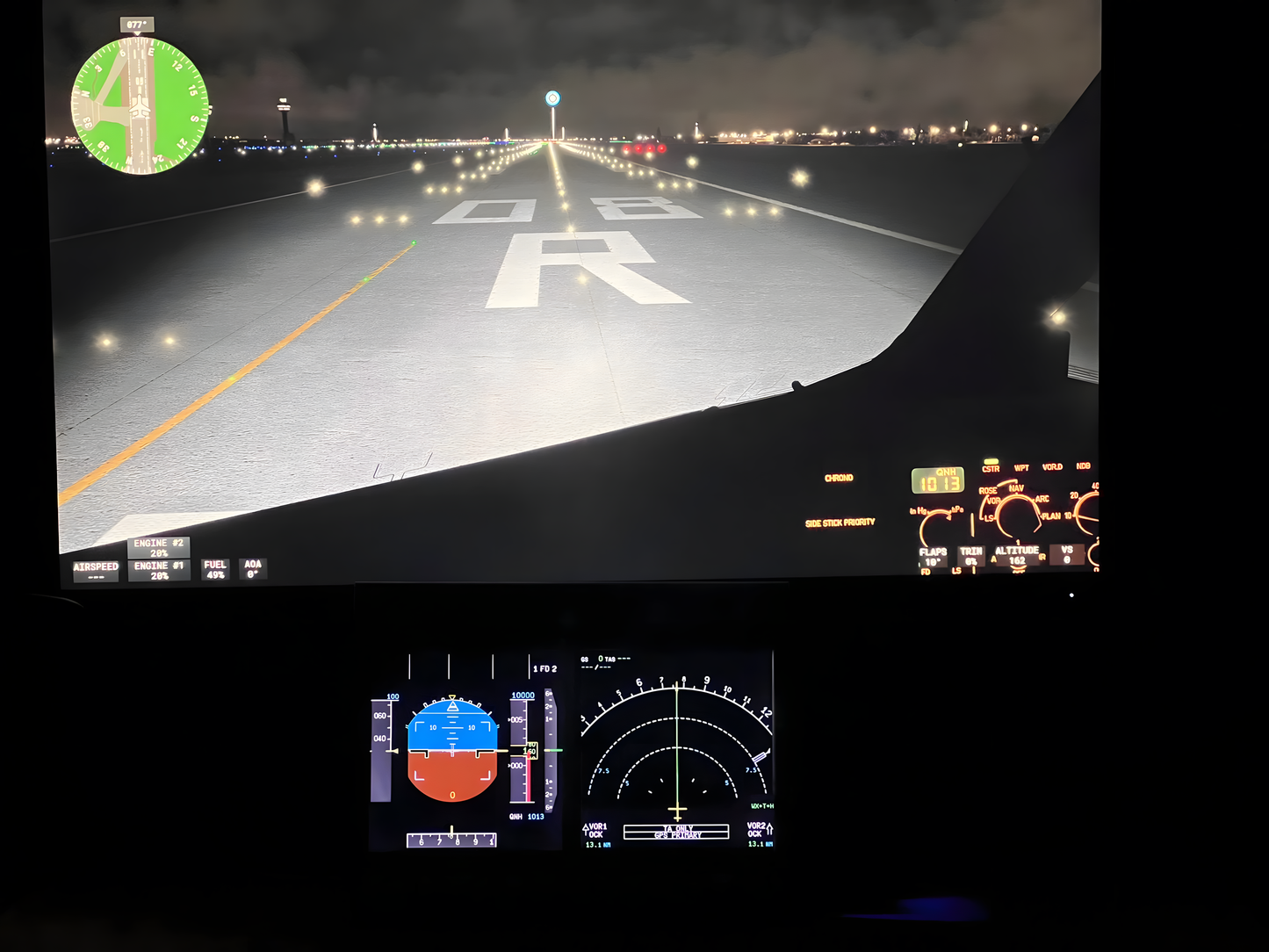 Night view of the A320 EFIS unit with high-contrast PFD/ND backlit display for dark cockpits.