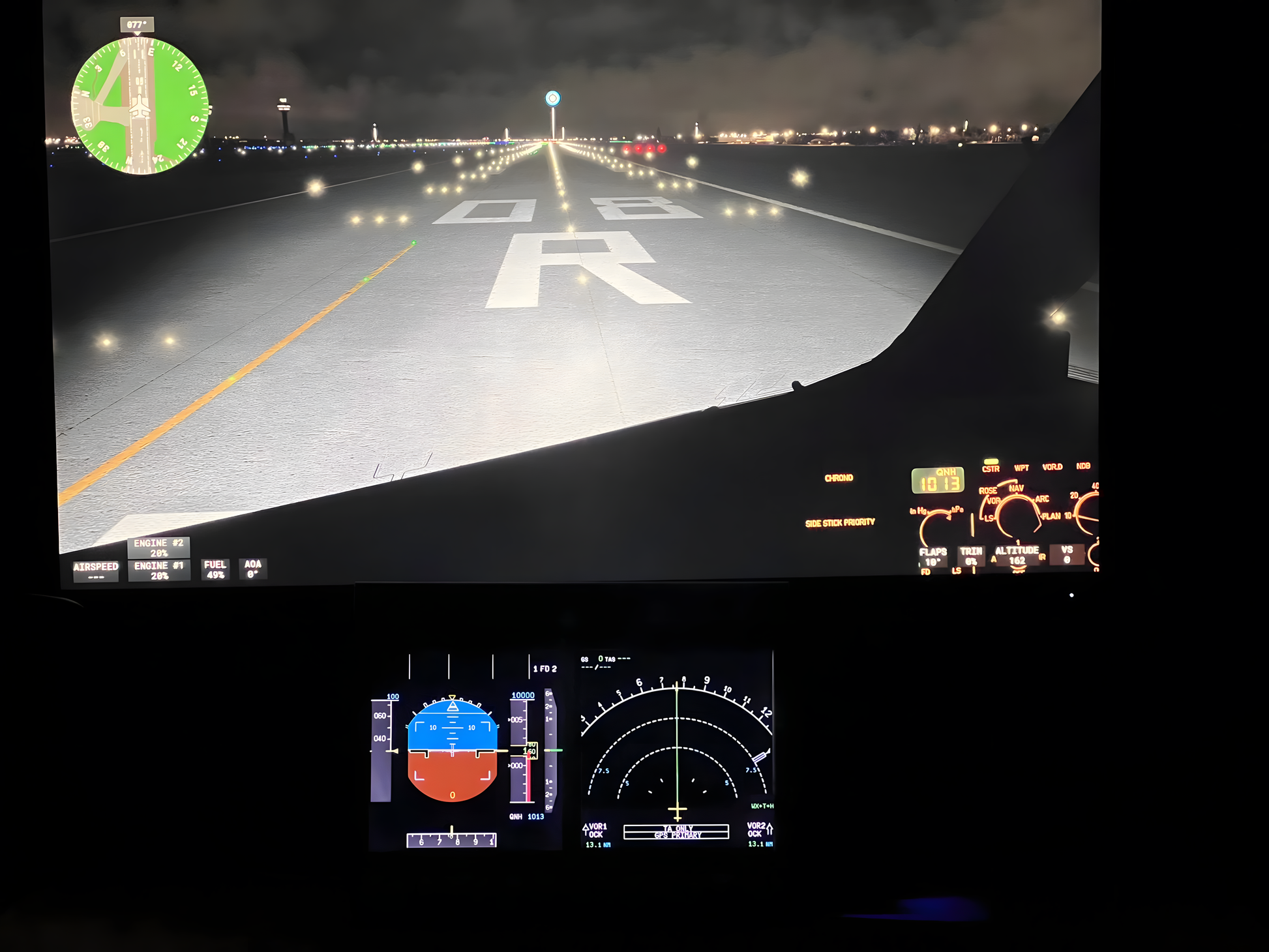 Night view of the A320 EFIS unit with high-contrast PFD/ND backlit display for dark cockpits.