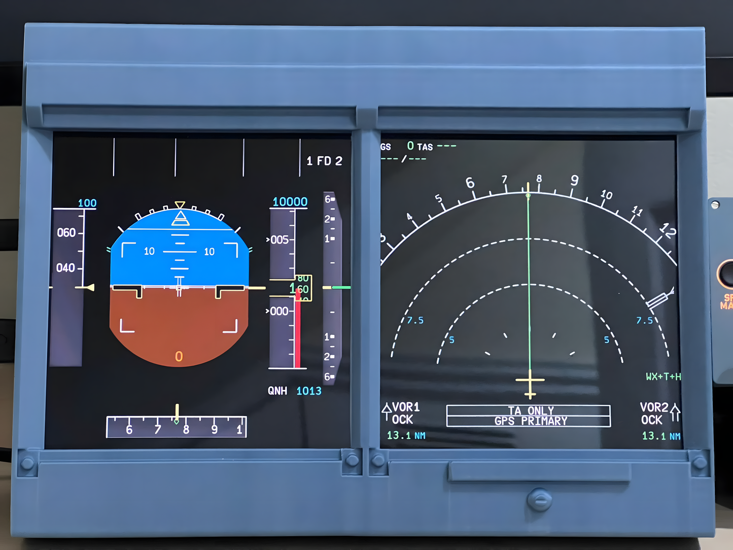Front view of the dual PFD and ND display system compatible with MSFS and X-Plane.
