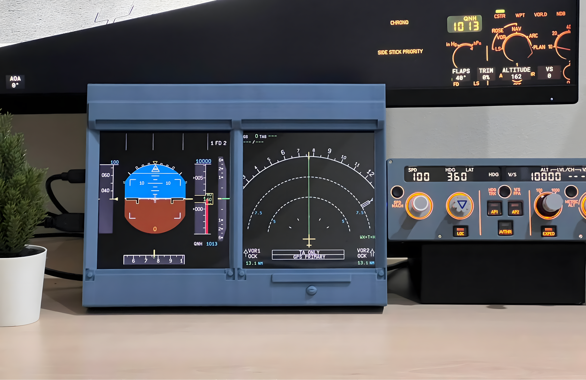 Hero shot of the IESims Airbus A320 EFIS unit in use on a desktop flight simulator setup.